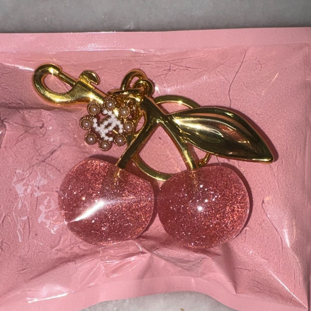 Cherry Bag Charm Keychain Pink Glitter  Kawaii Fashion Accessory NEW